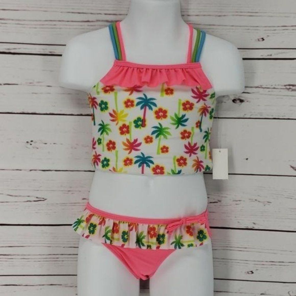 Tropical Palm Tree Hibiscus Ruffle Tankini‎ Swimsuit Set Pink Multi 12 Months
